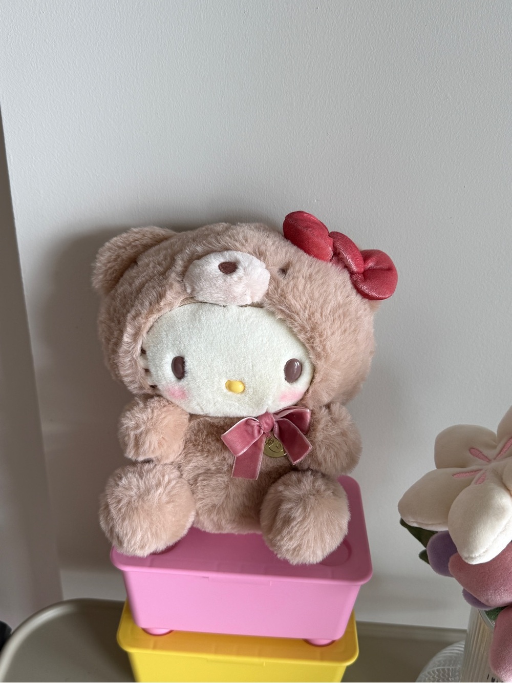 Hello Kitty Plush in Beige Bear Outfit with Pink Bow
